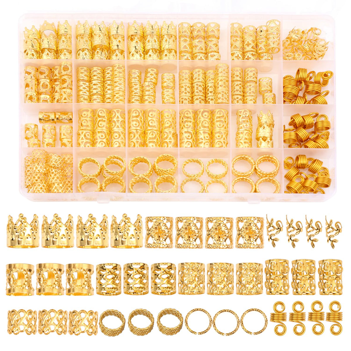 Leeven front packaging showing 220 gold hair jewelry pieces and variety