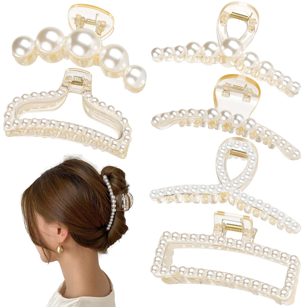 Leezmark front view of six white pearl clips showing variety and elegant styling benefit