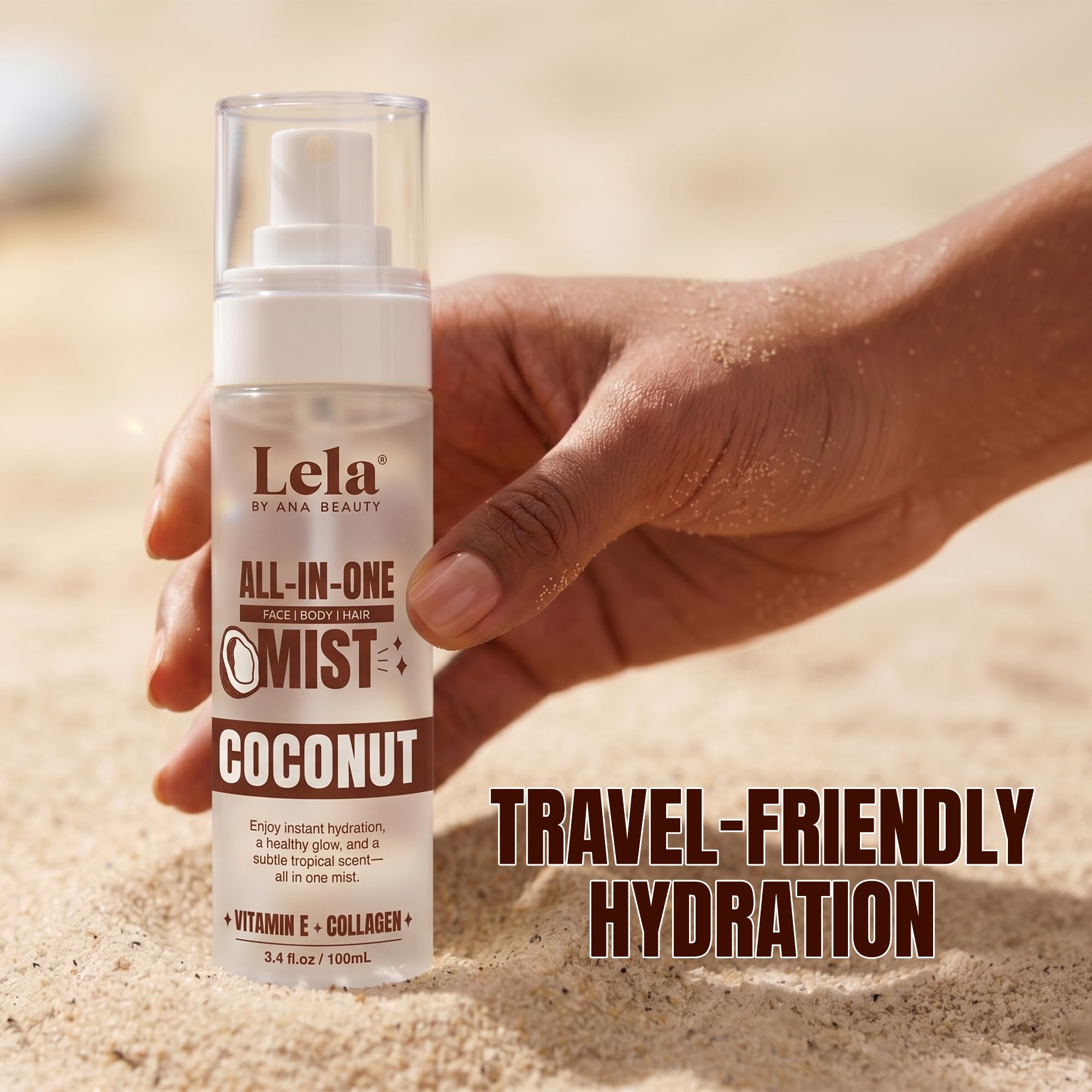 LELA by Ana Beauty ingredients label highlighting coconut, vitamin E, collagen