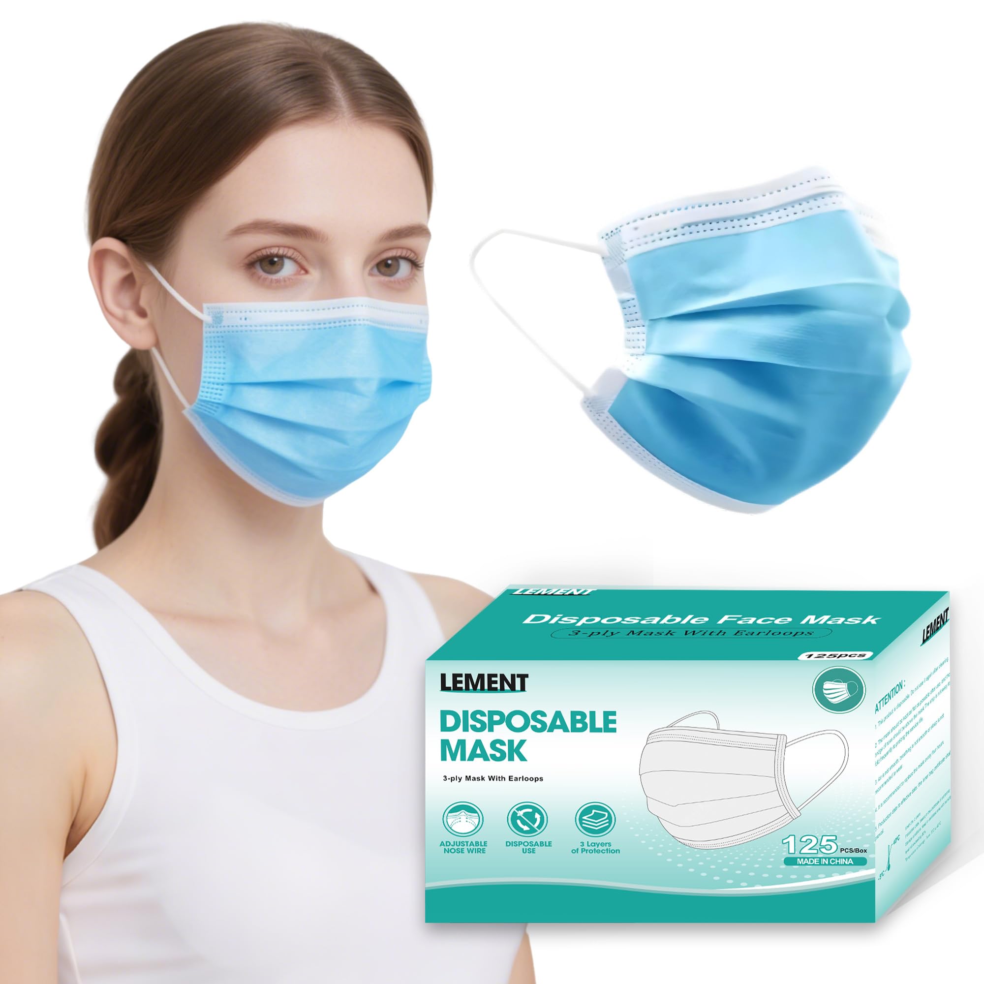 LEMENT front pack of 125 blue masks showing quantity and convenience