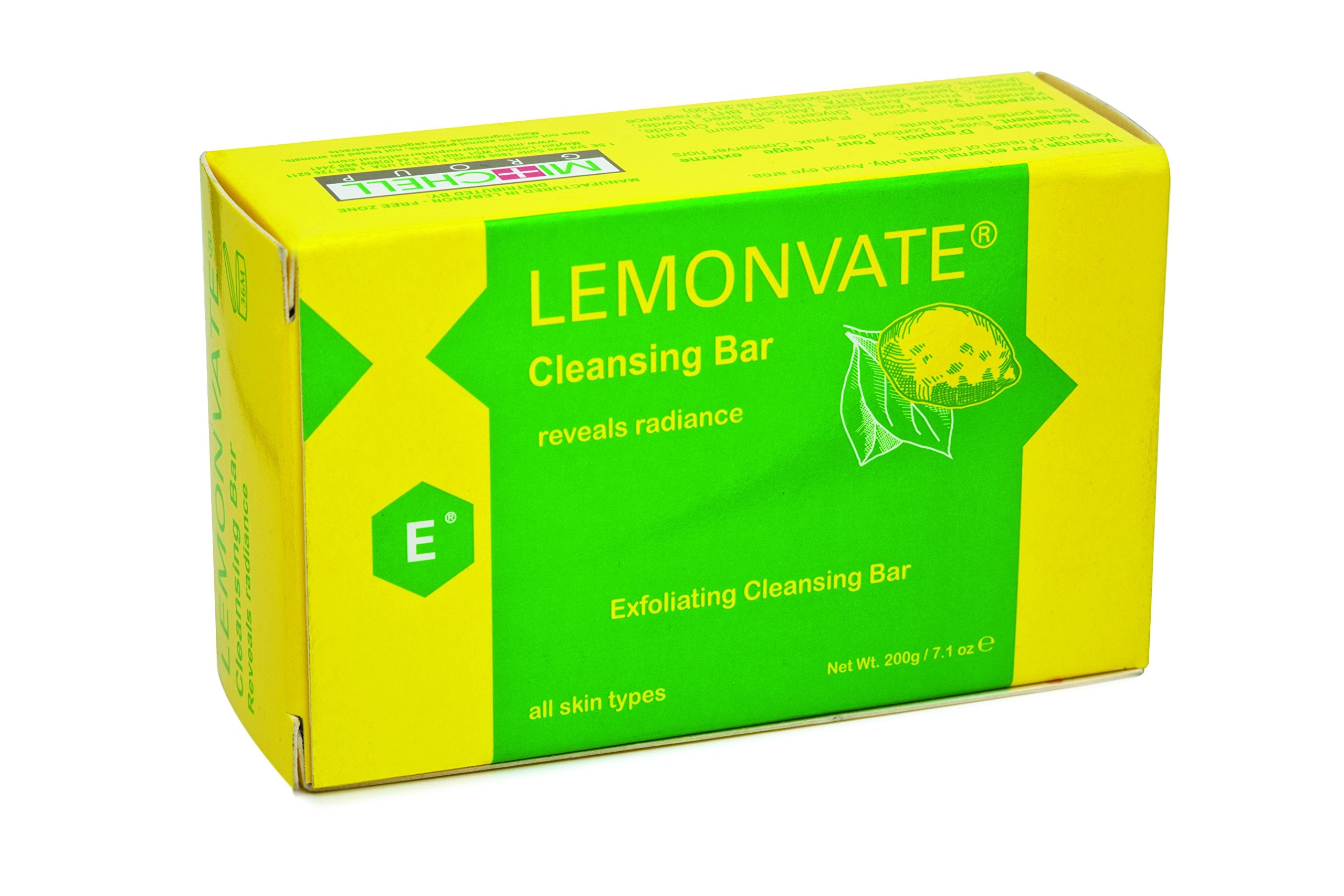 LEMONVATE exfoliating soap front packaging showing bar and label benefits