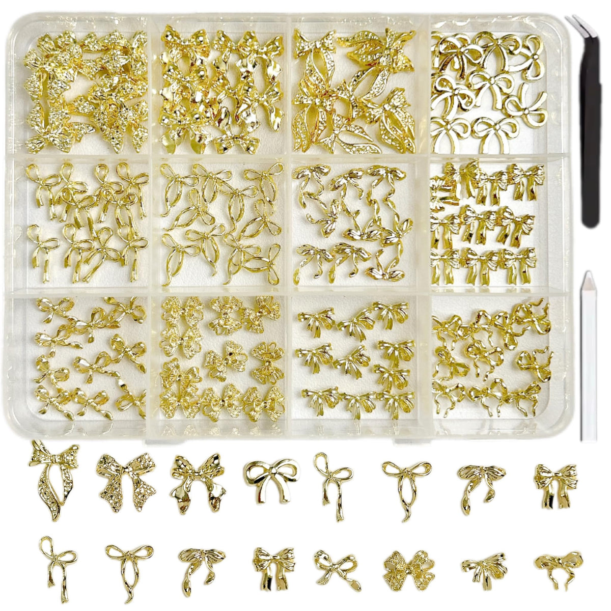 LERBOU front packaging showing complete 120-piece gold bow nail charm kit benefits