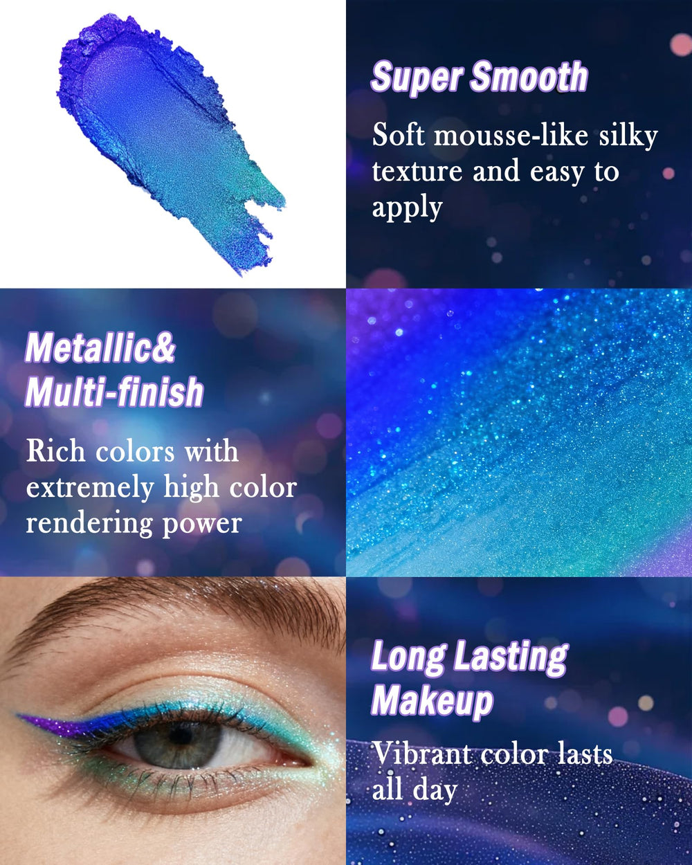 Lestpola eyeliner applied to model's eye demonstrating bold chameleon shimmer benefit