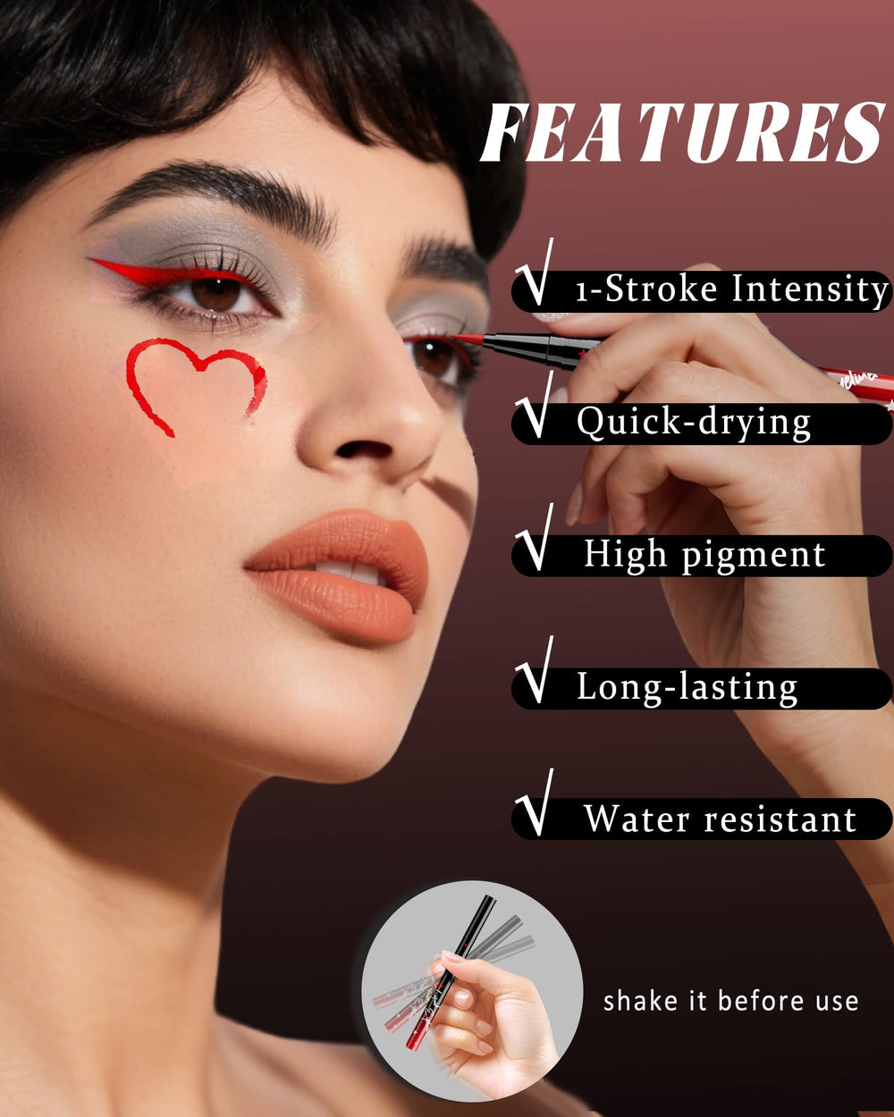 Lestpola red eyeliner stroke showing high pigment payoff and crisp line