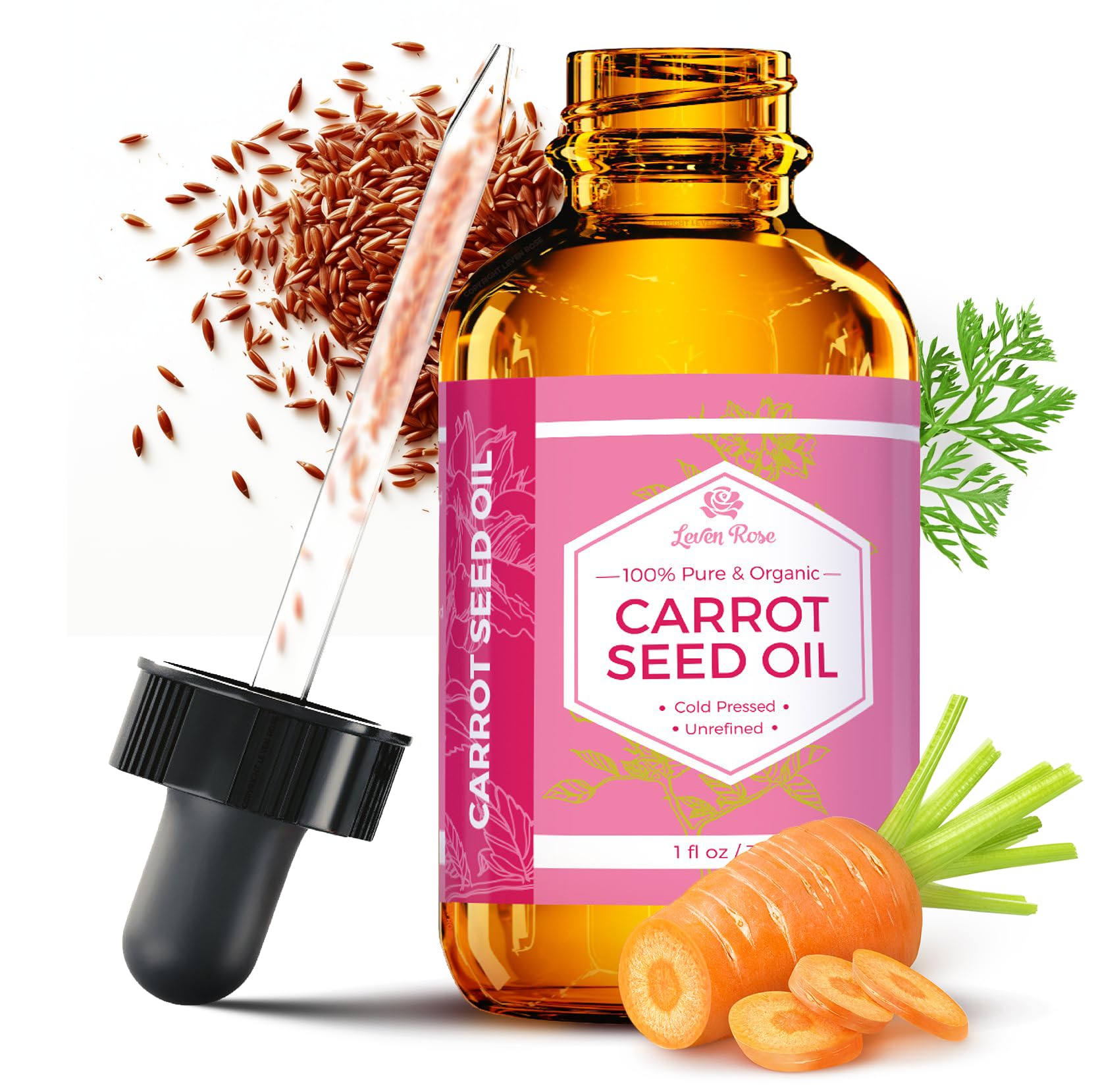 Leven Rose front packaging showing 1 oz bottle and brand clarity benefit