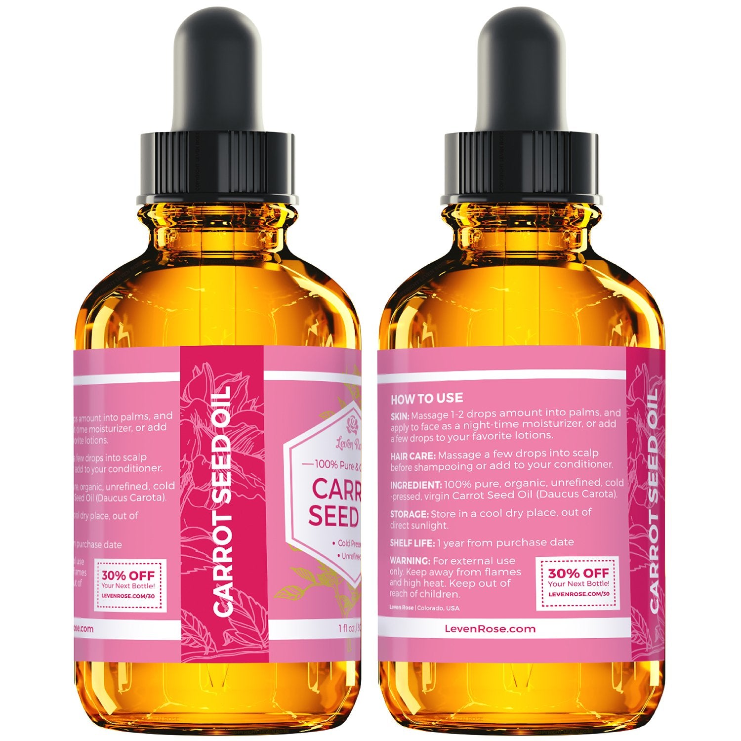 Leven Rose label closeup highlighting pure single-ingredient benefits