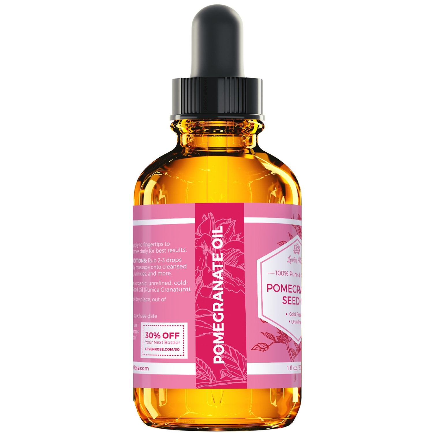 Close-up drop of Leven Rose pomegranate seed oil texture demonstrating lightweight, fast-absorbing feel