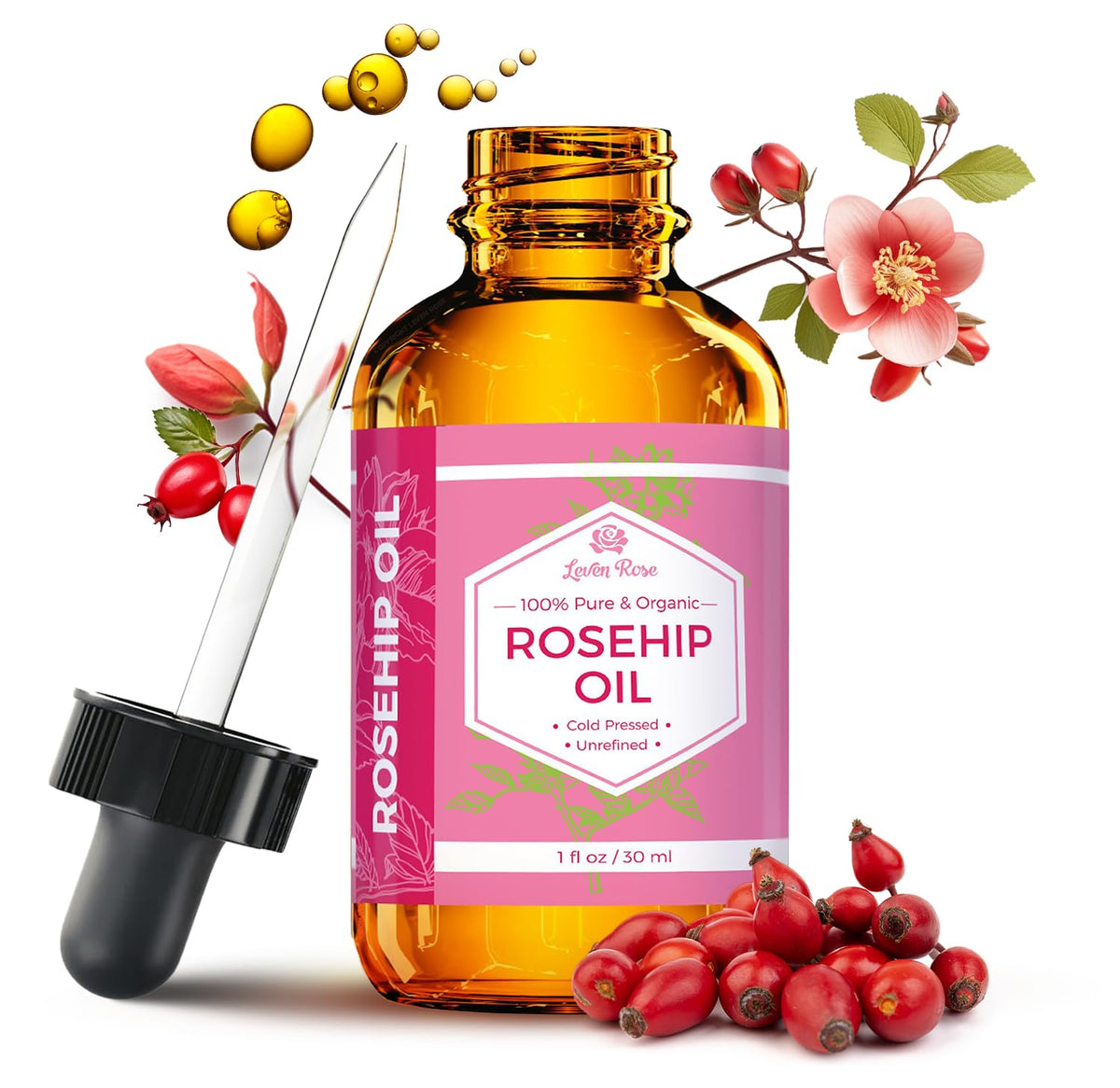 Leven Rose front packaging showing amber bottle and label, protects oil