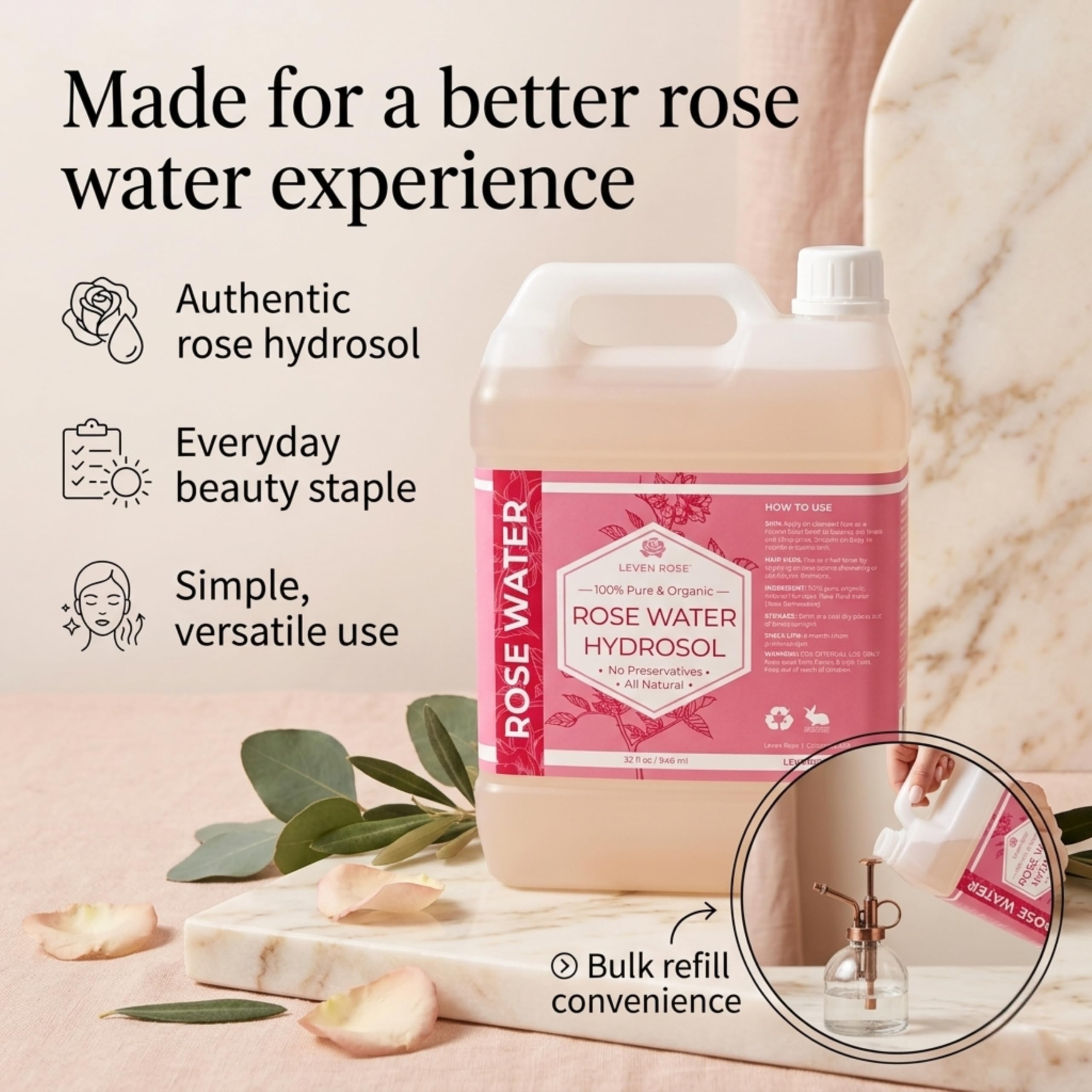Leven Rose 32 oz bottle next to smaller spray bottle showing refill convenience