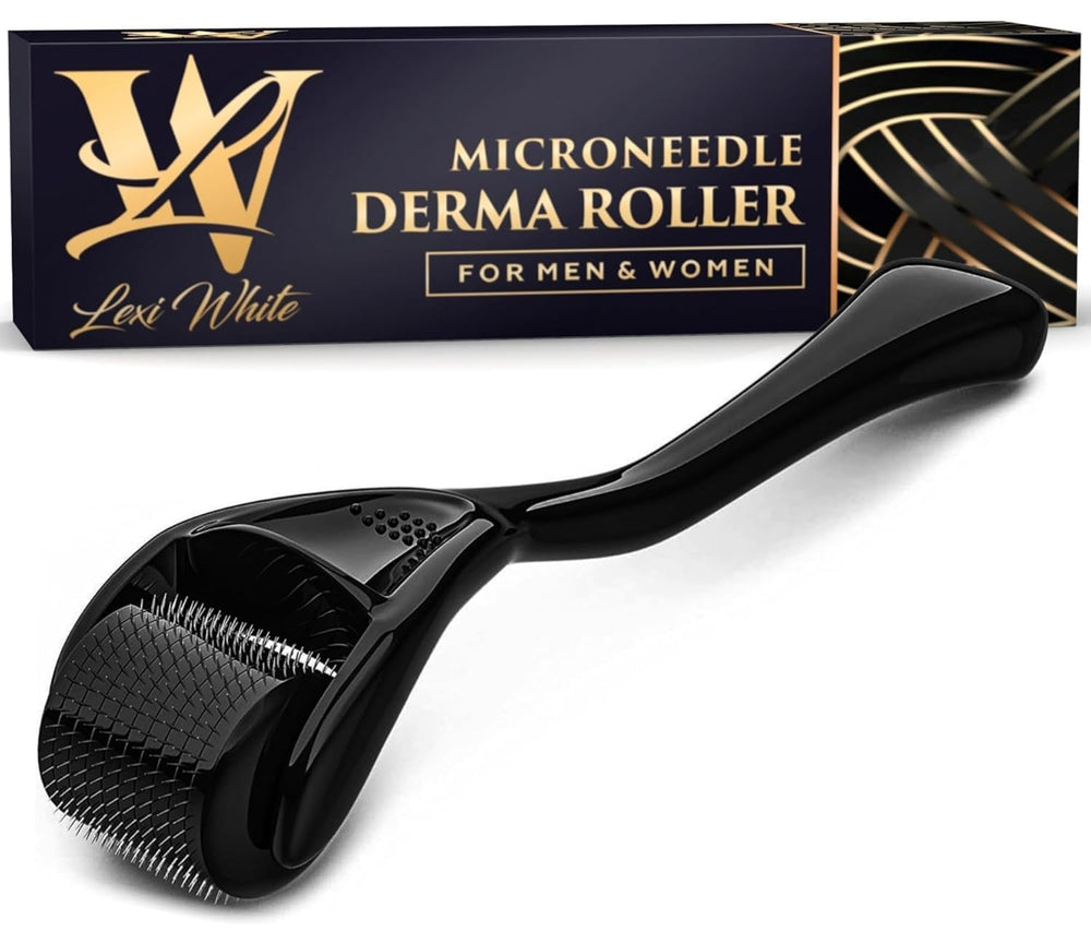 Lexi White Beauty derma roller front view showing sleek glossy black design and easy grip benefit