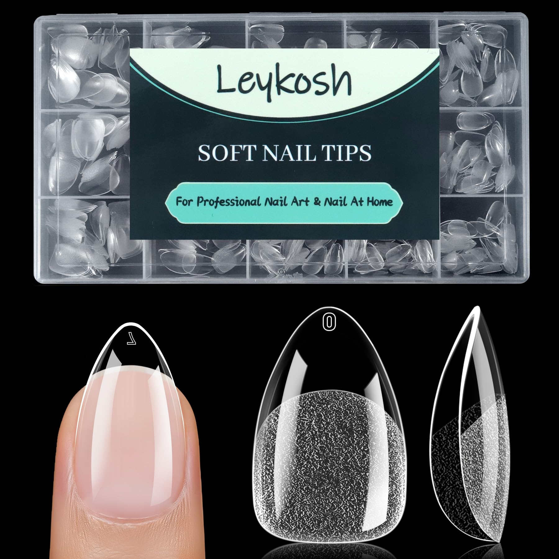 LEYKOSH front packaging showing 240 clear almond tips, convenient kit