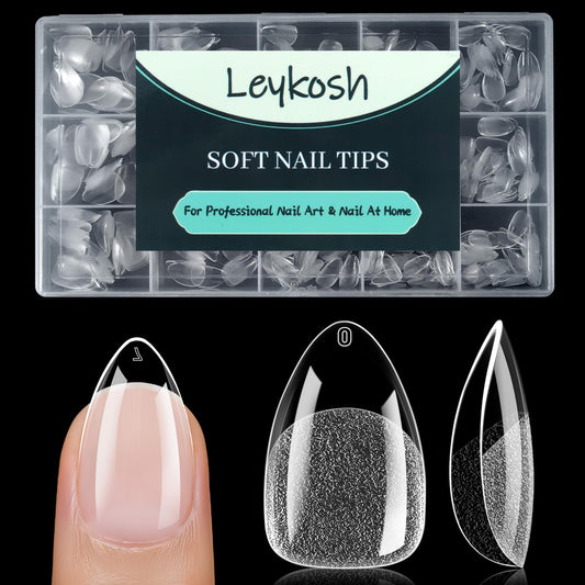 LEYKOSH front packaging showing 240 clear almond tips, convenient kit