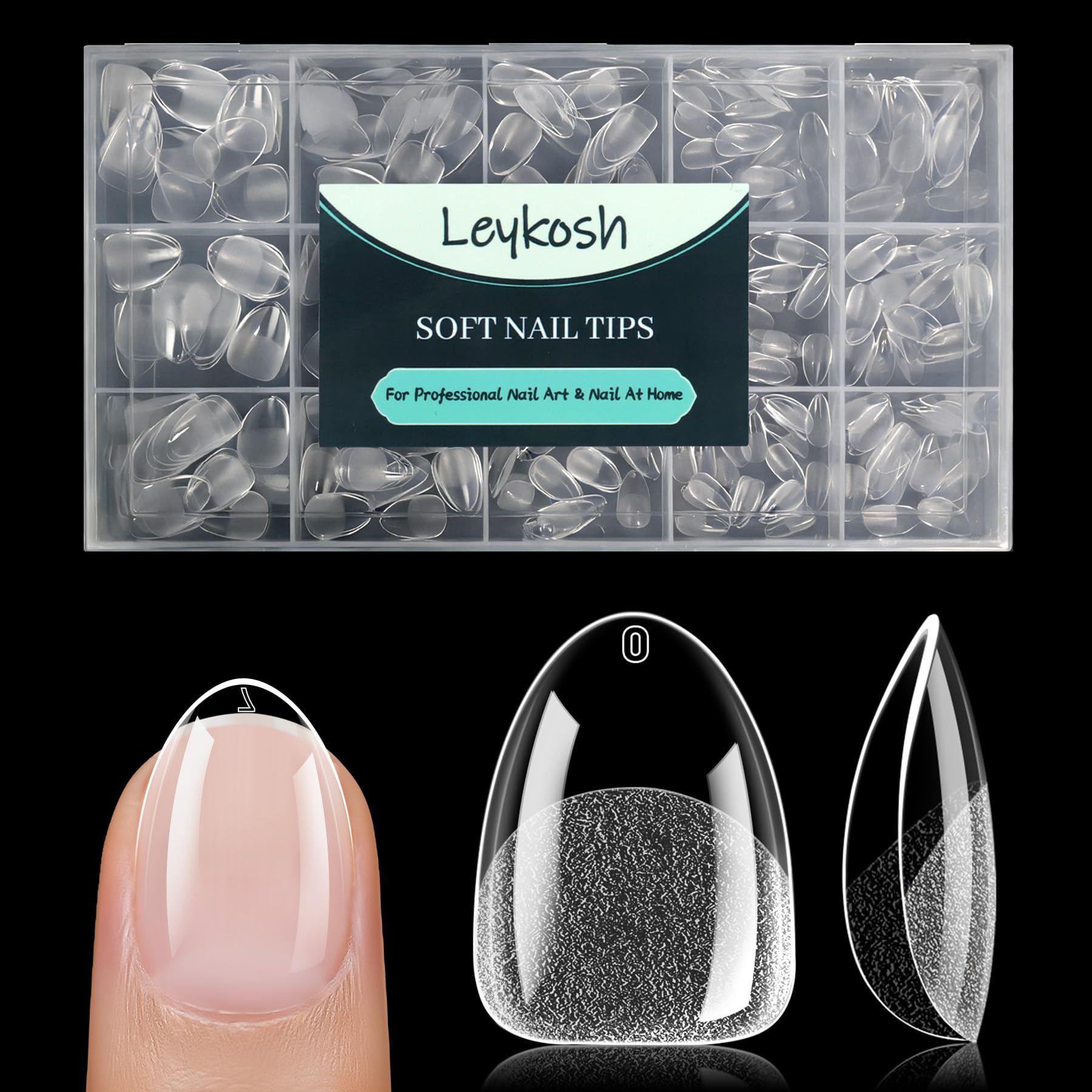 LEYKOSH front packaging showing 330 clear almond nail tips and labeled sizes for easy selection