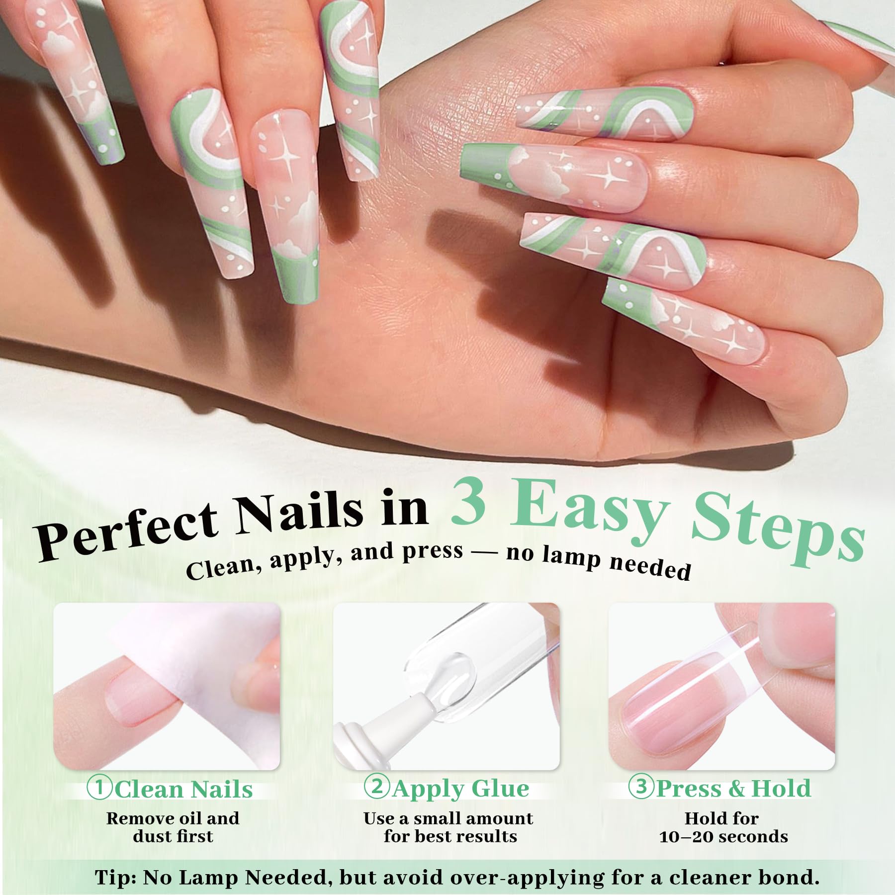 LEYKOSH press-on manicure in lifestyle setting showing polished results at home