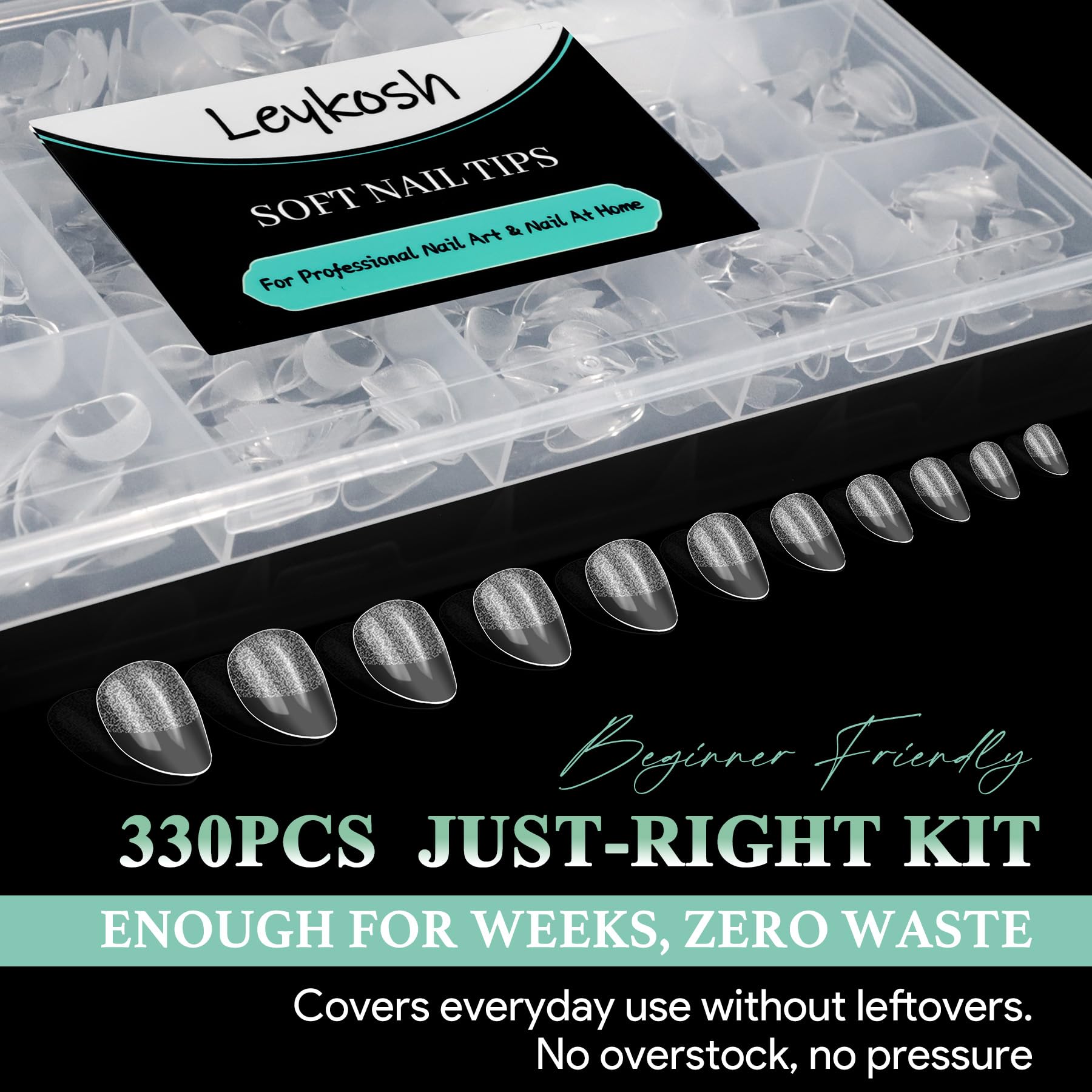 LEYKOSH polished finish showing gel polish applied smoothly over clear tips