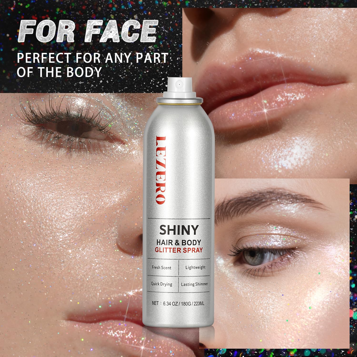 Lezero glitter on shoulder and décolletage showing radiant body glow benefit