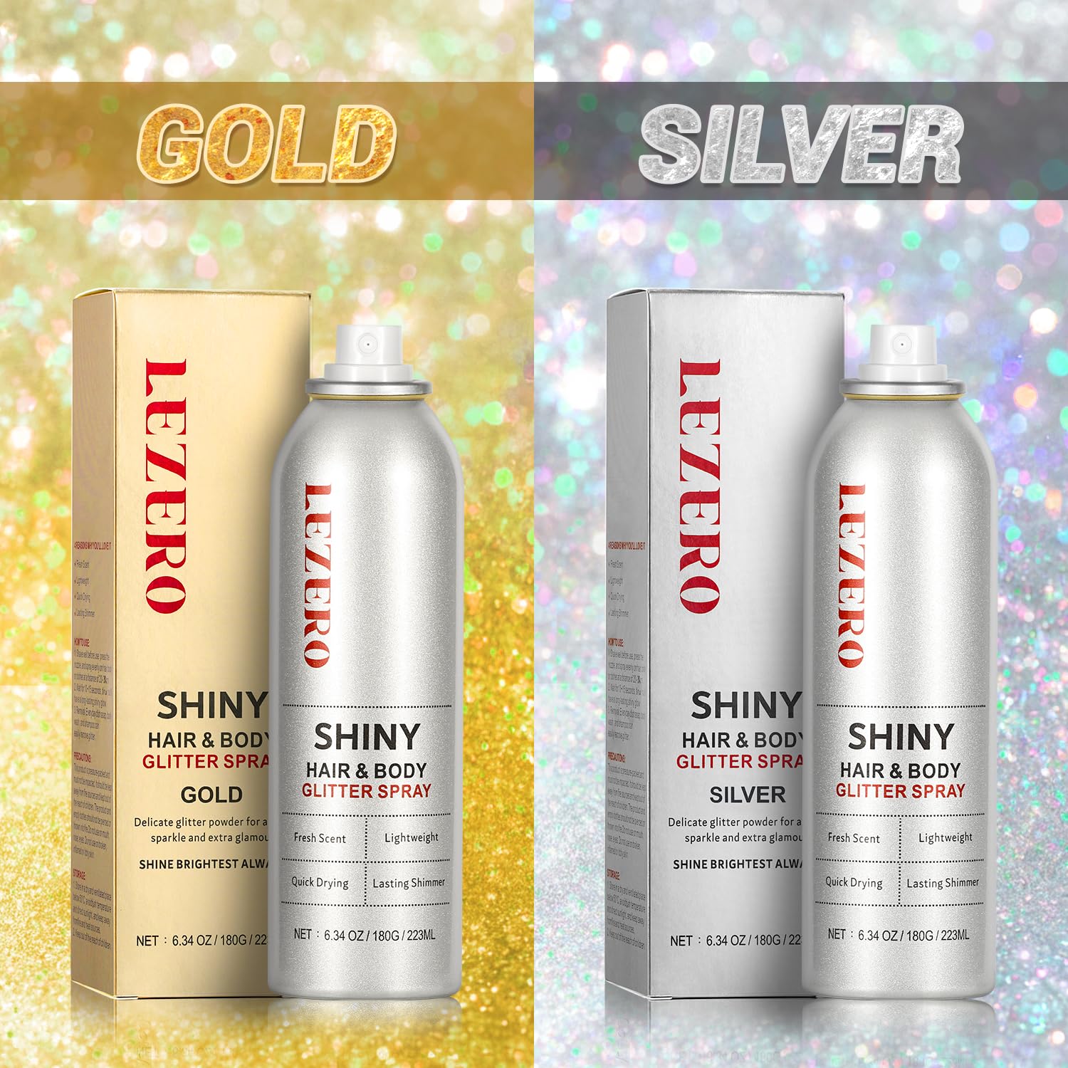 Lezero festival scene with model wearing glitter spray showcasing show-ready sparkle benefit