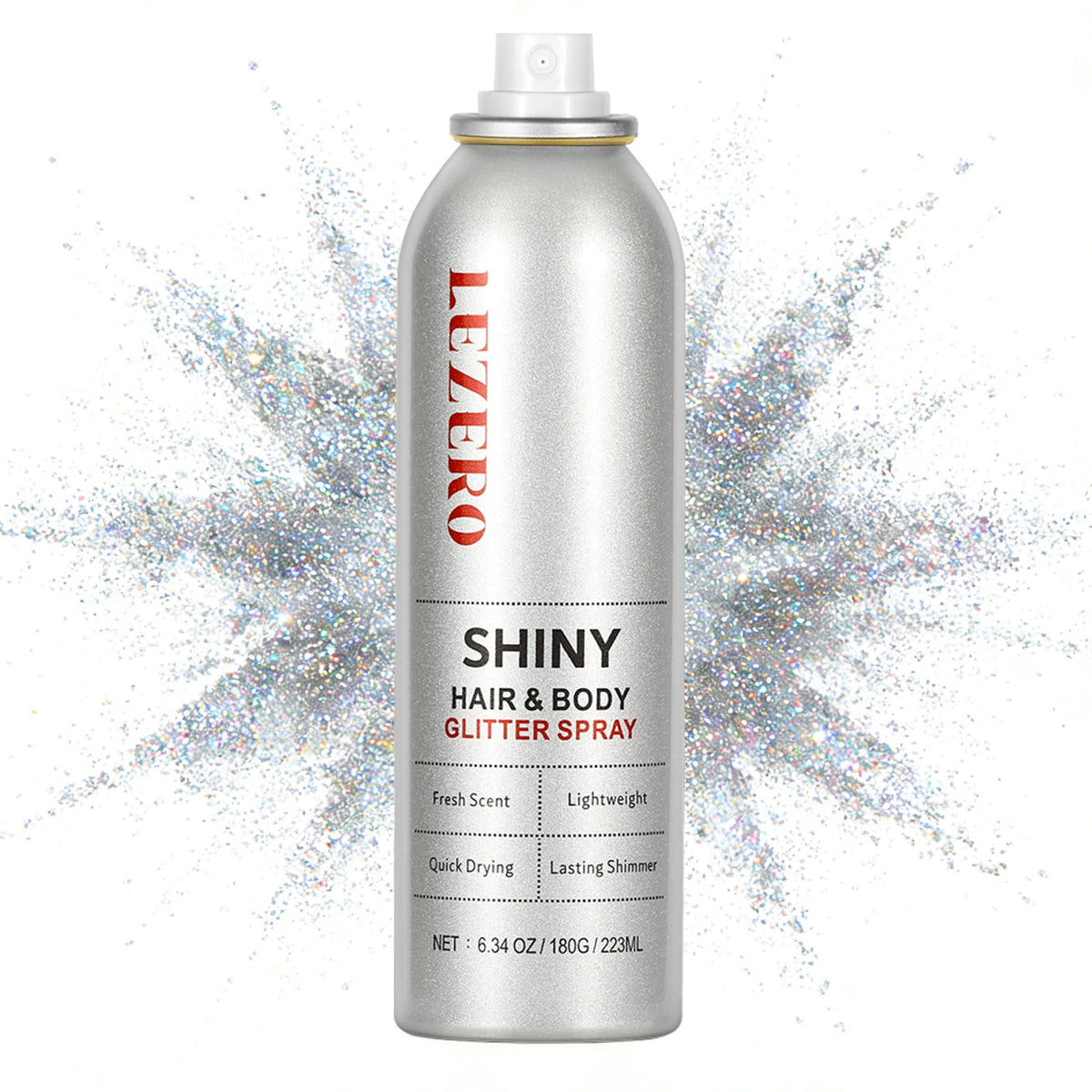 Lezero front packaging showing large 200ml can with rainbow silver finish and bold branding benefit sparkle