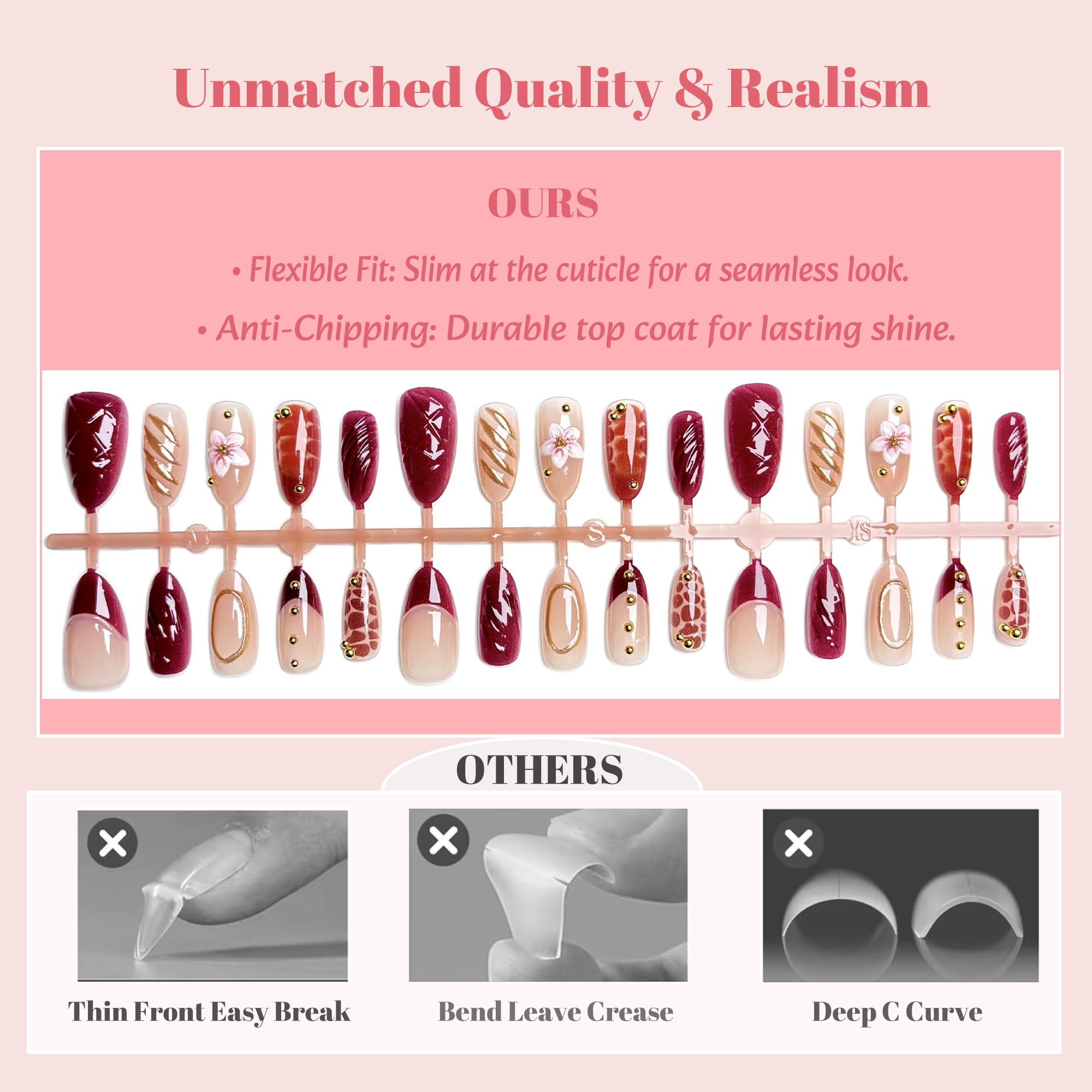 LFLSSTNM side profile of glossy full-cover almond nails showing durable thickness benefit