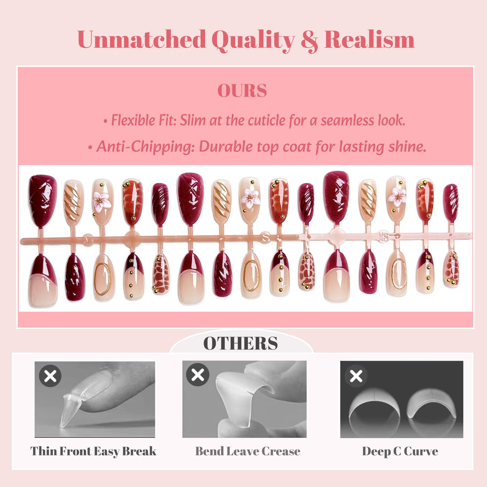 LFLSSTNM side profile of glossy full-cover almond nails showing durable thickness benefit