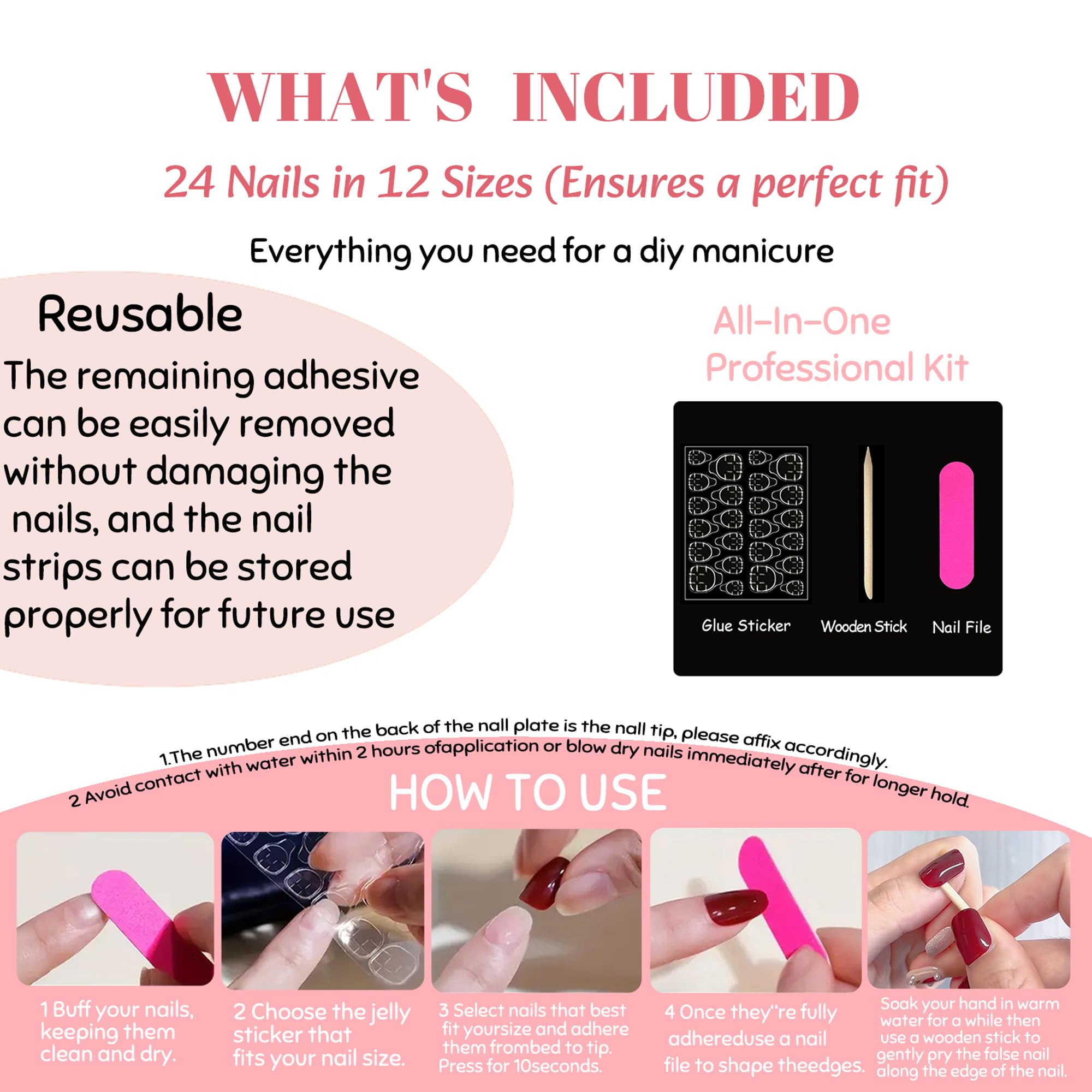 LFLSSTNM tools included: mini file, cuticle stick, and adhesive tabs for easy prep