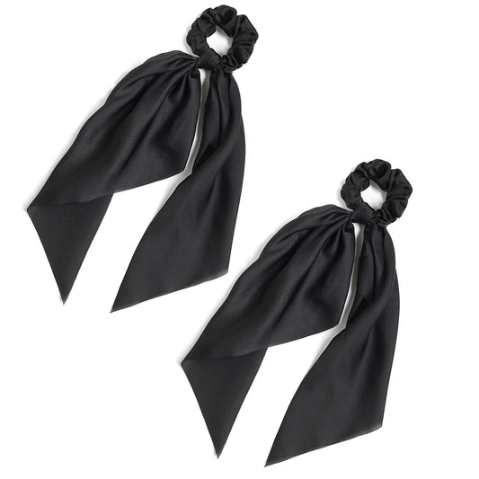 LFOUVRE front view of two black knotted bow scrunchies for polished hold