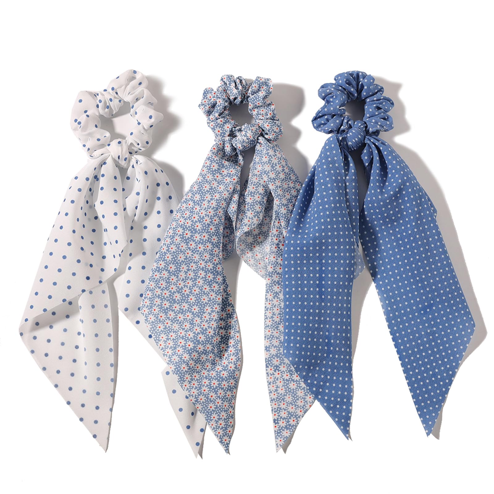 LFOUVRE front view of three scrunchies set showing colors and bows for versatile styling