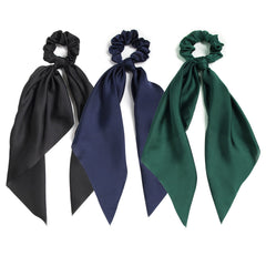 LFOUVRE front packaging showing three satin knotted scrunchies for styling