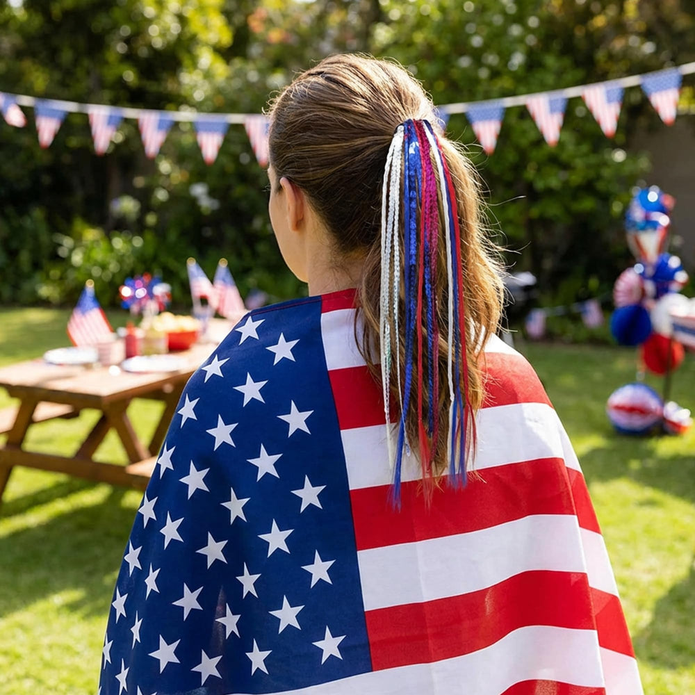 LFUTARI model wearing ponytail at a park parade showcasing instant festive American-themed style