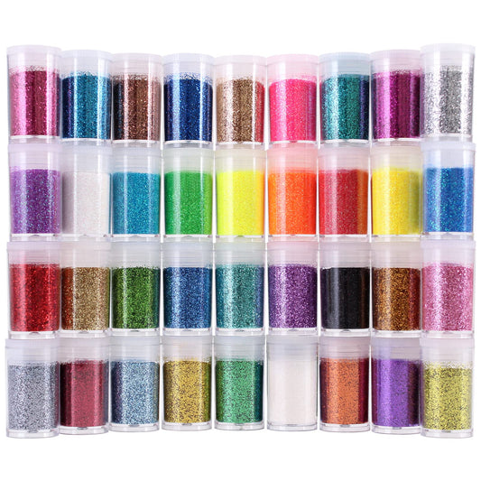 LICOOL GLITTER front packaging showing 36 jars and color array for easy selection