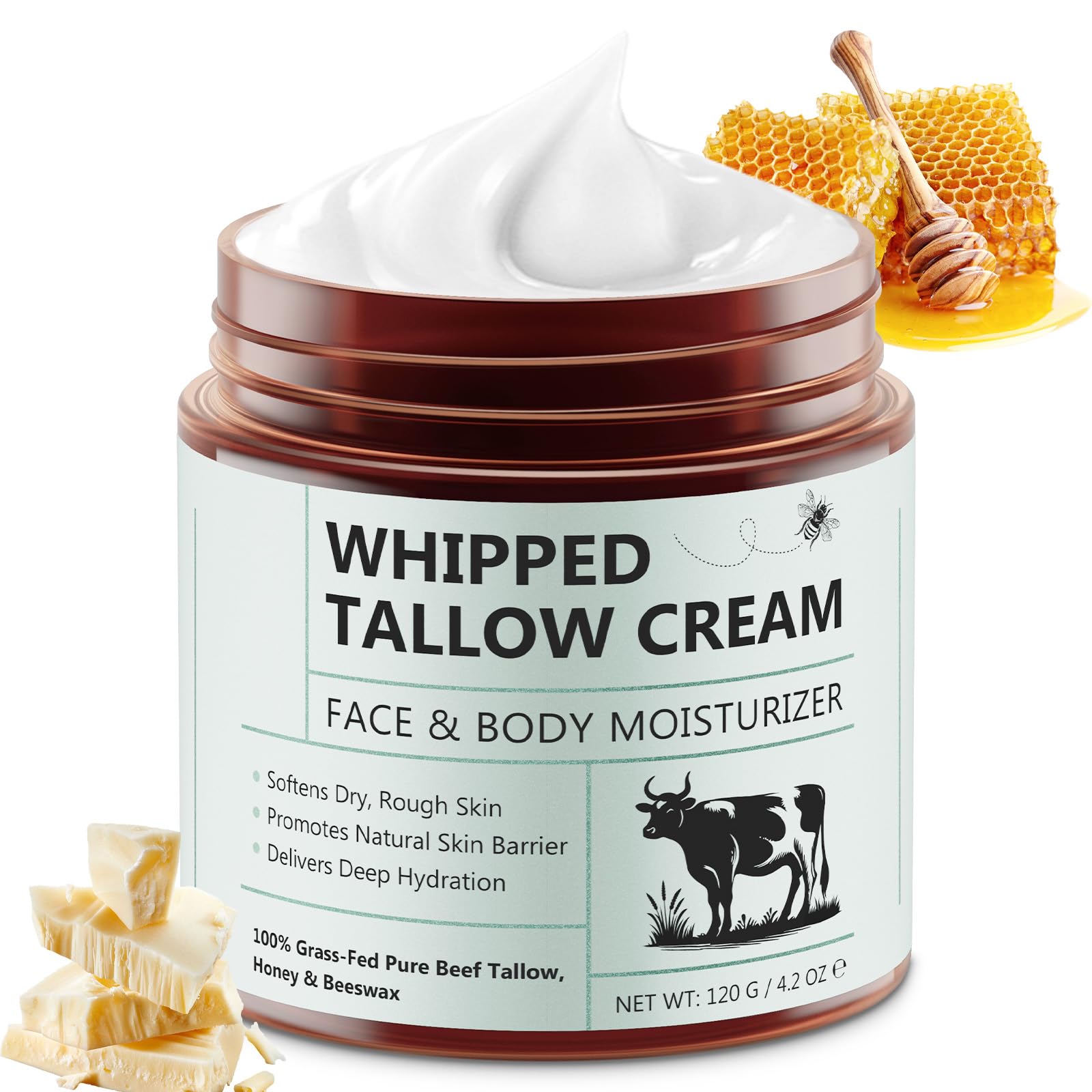 Liefiet front jar of beef tallow honey balm showing packaging and convenient size