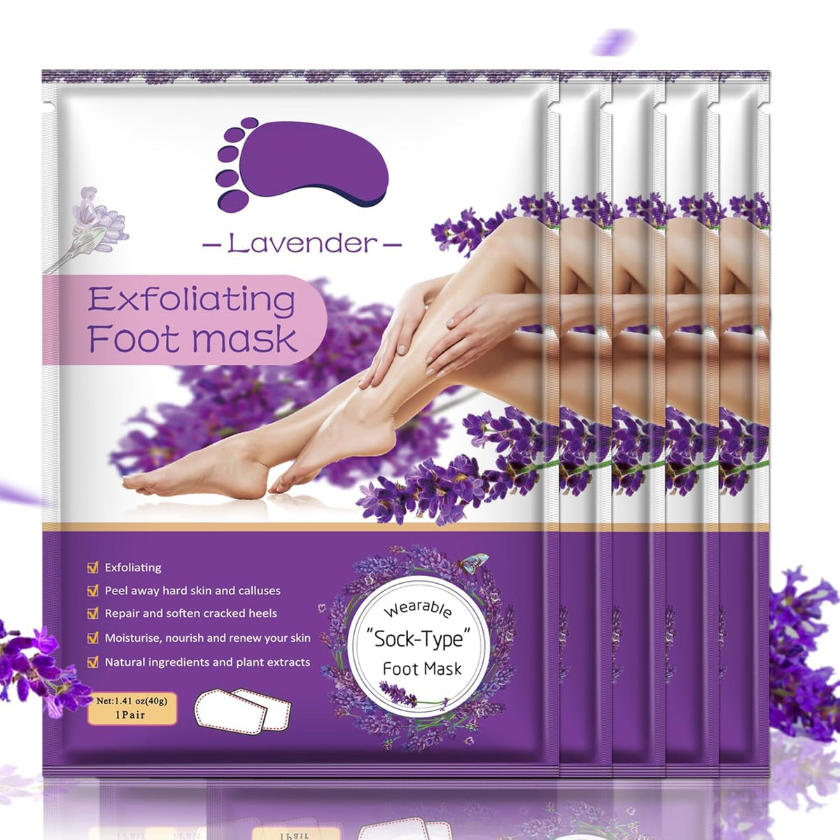 Liefiet front packaging showing five lavender foot peel masks and benefits
