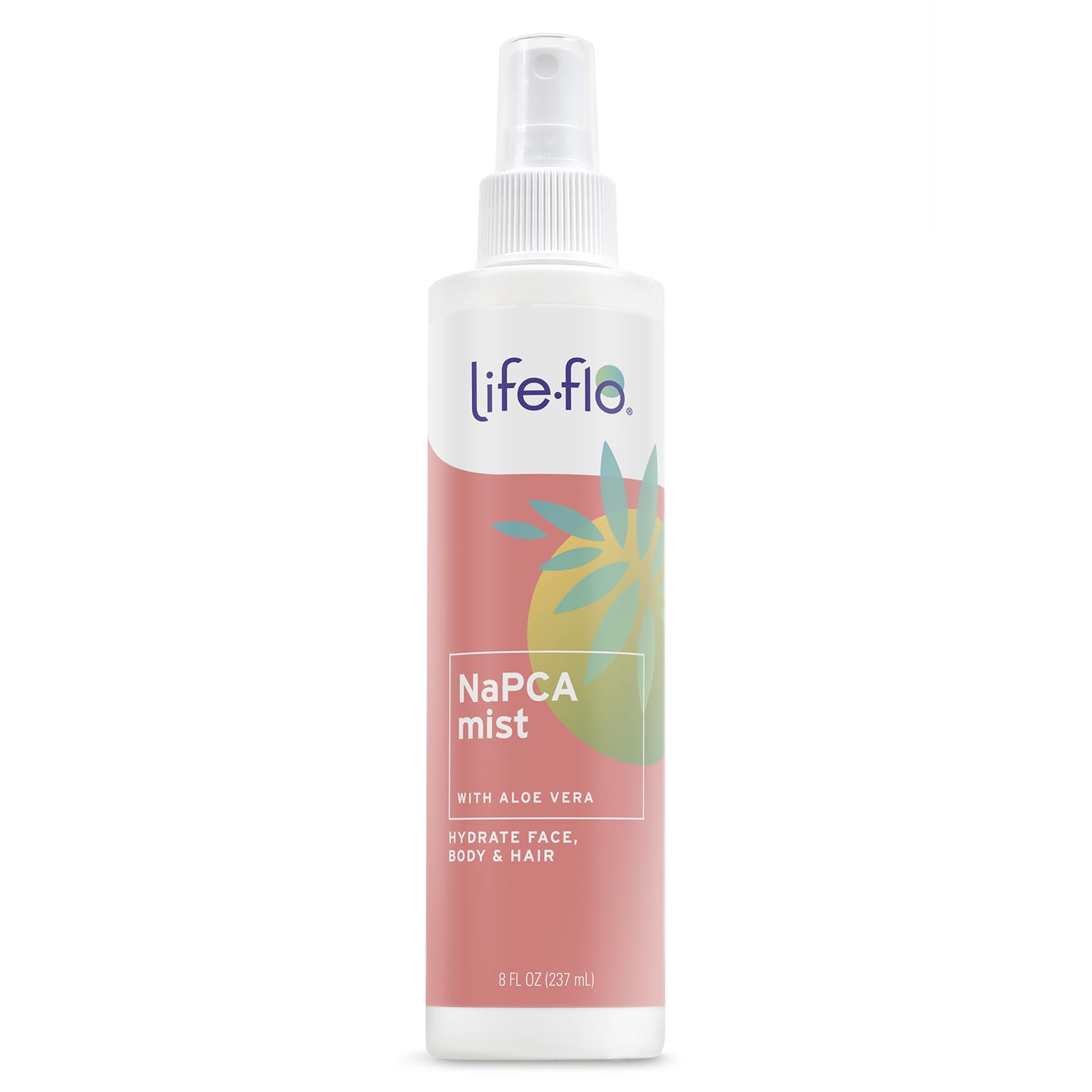 Life-Flo hydrating mist front bottle showing clean label and 8oz size benefit
