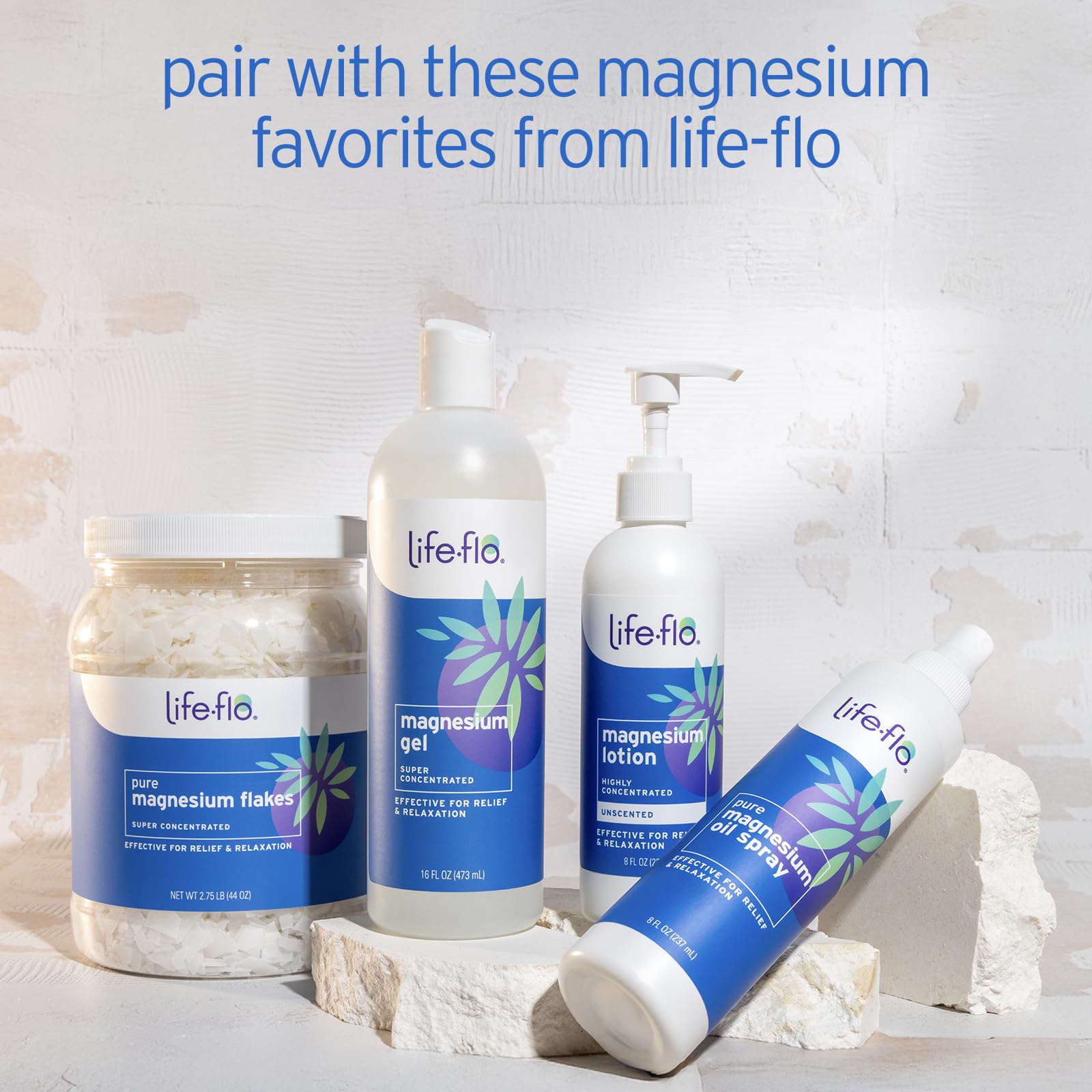 LIFE-FLO lotion placed on bathroom counter suggesting daily routine benefits