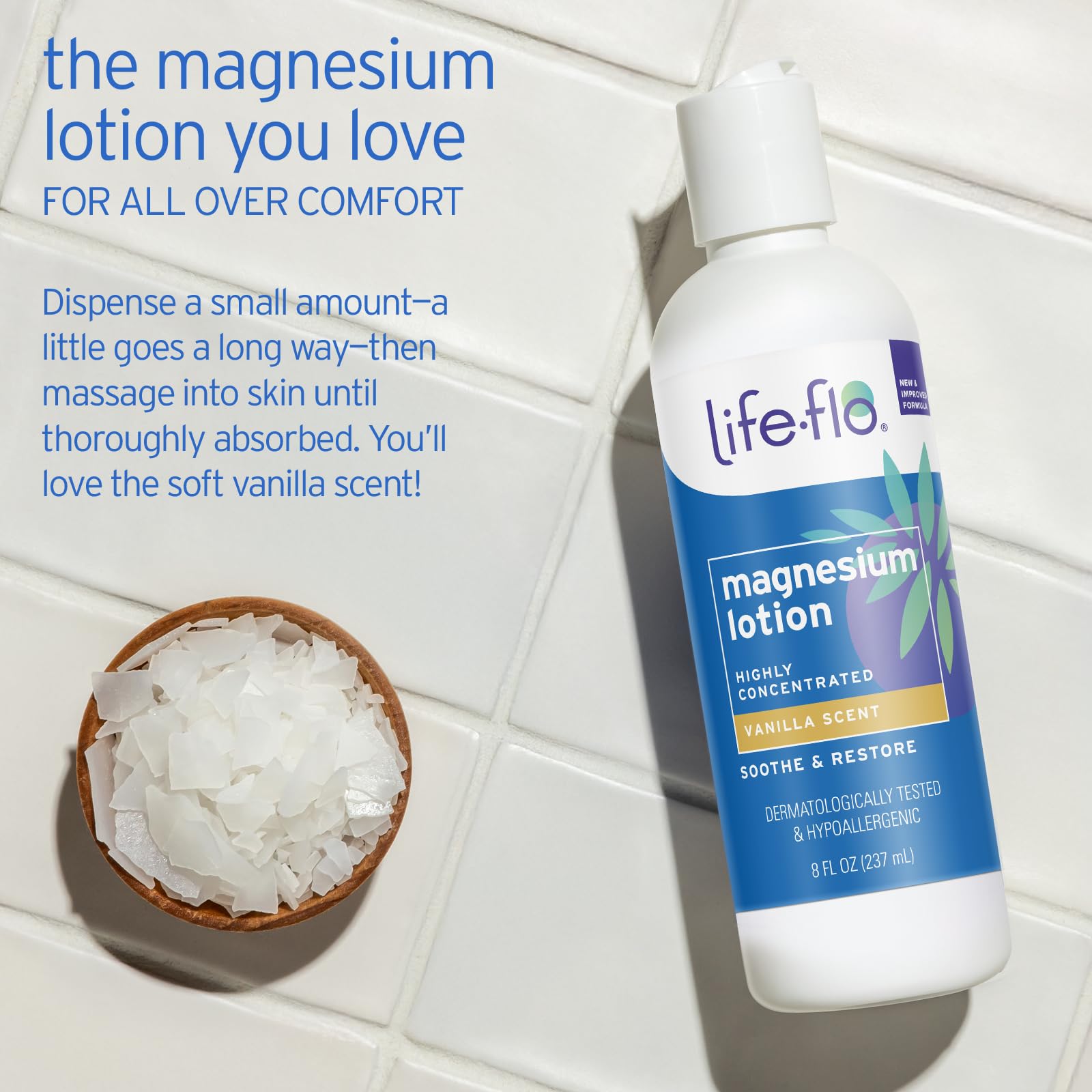 LIFE-FLO ingredients label highlighting Zechstein magnesium and emollients