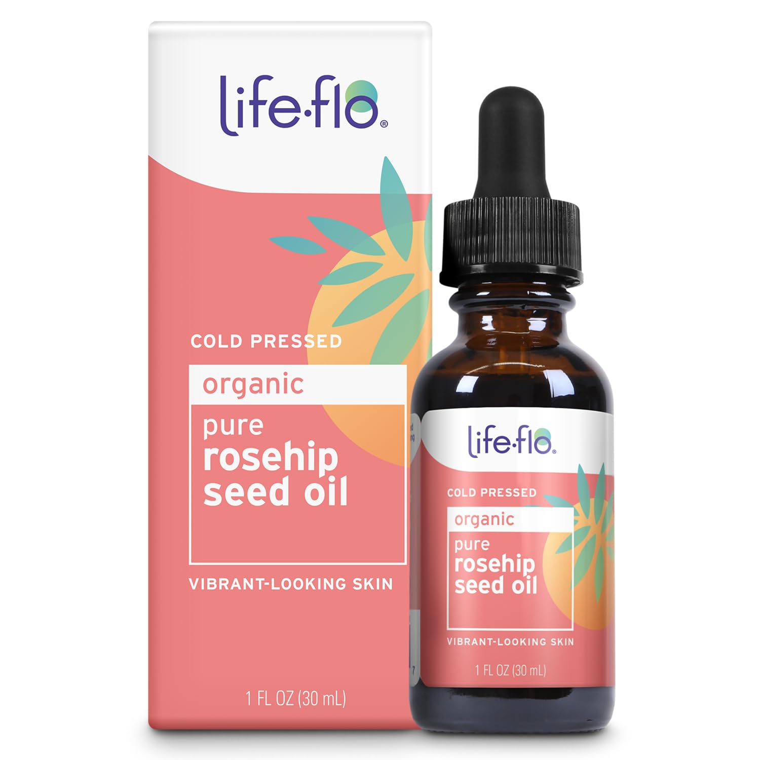 LIFE-FLO front packaging showing bottle and label, highlights organic purity