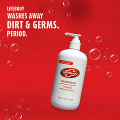 Lifebuoy hand wash being used at sink showing quick cleansing and rinse-off benefit
