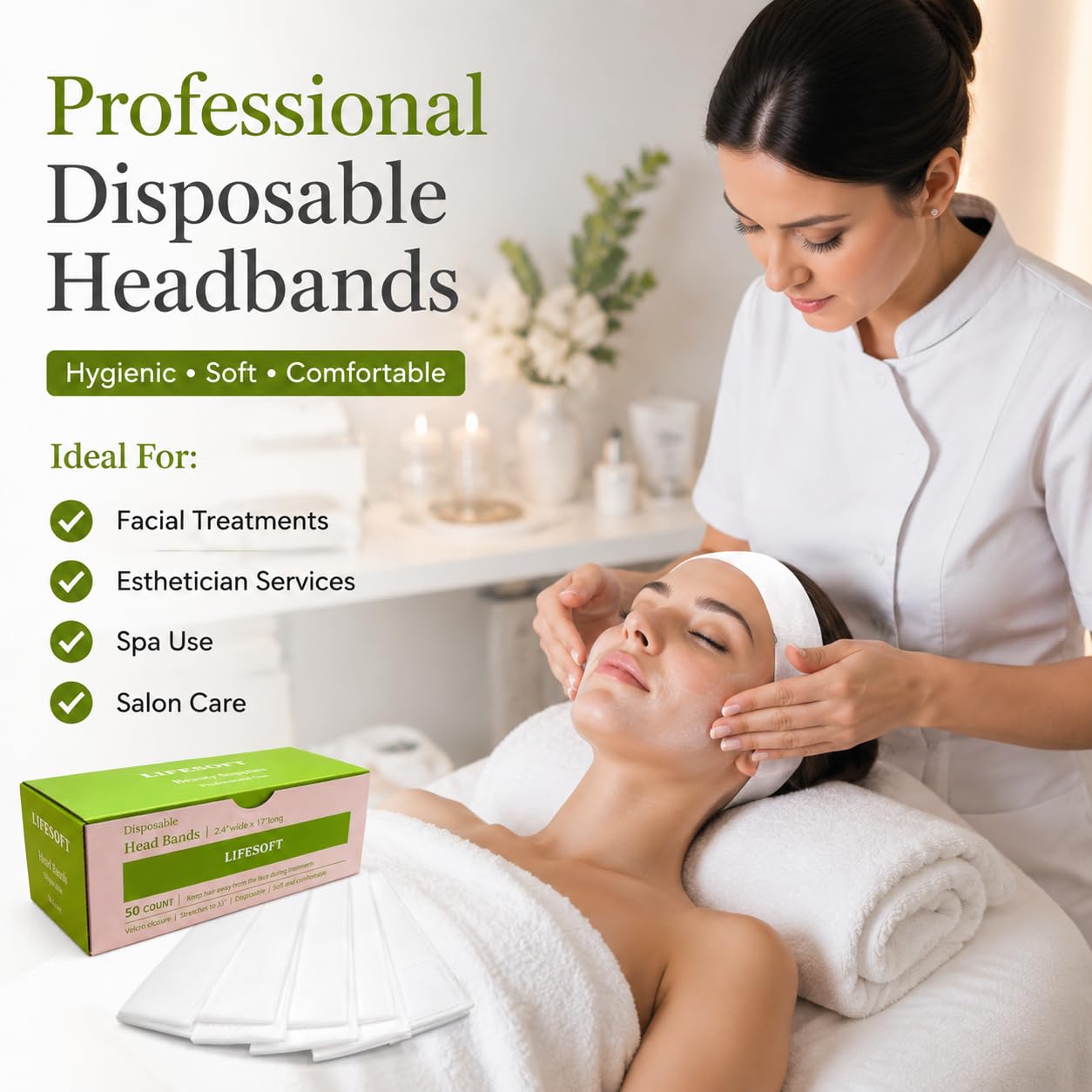 LIFESOFT headband used during facial showing neat hair control