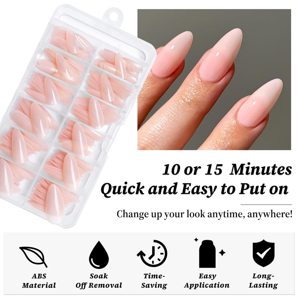 Lifextol glossy nude almond tip close-up highlighting smooth shine and salon look