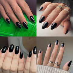 Lifextol close-up of glossy black almond nail surface highlighting salon-like shine
