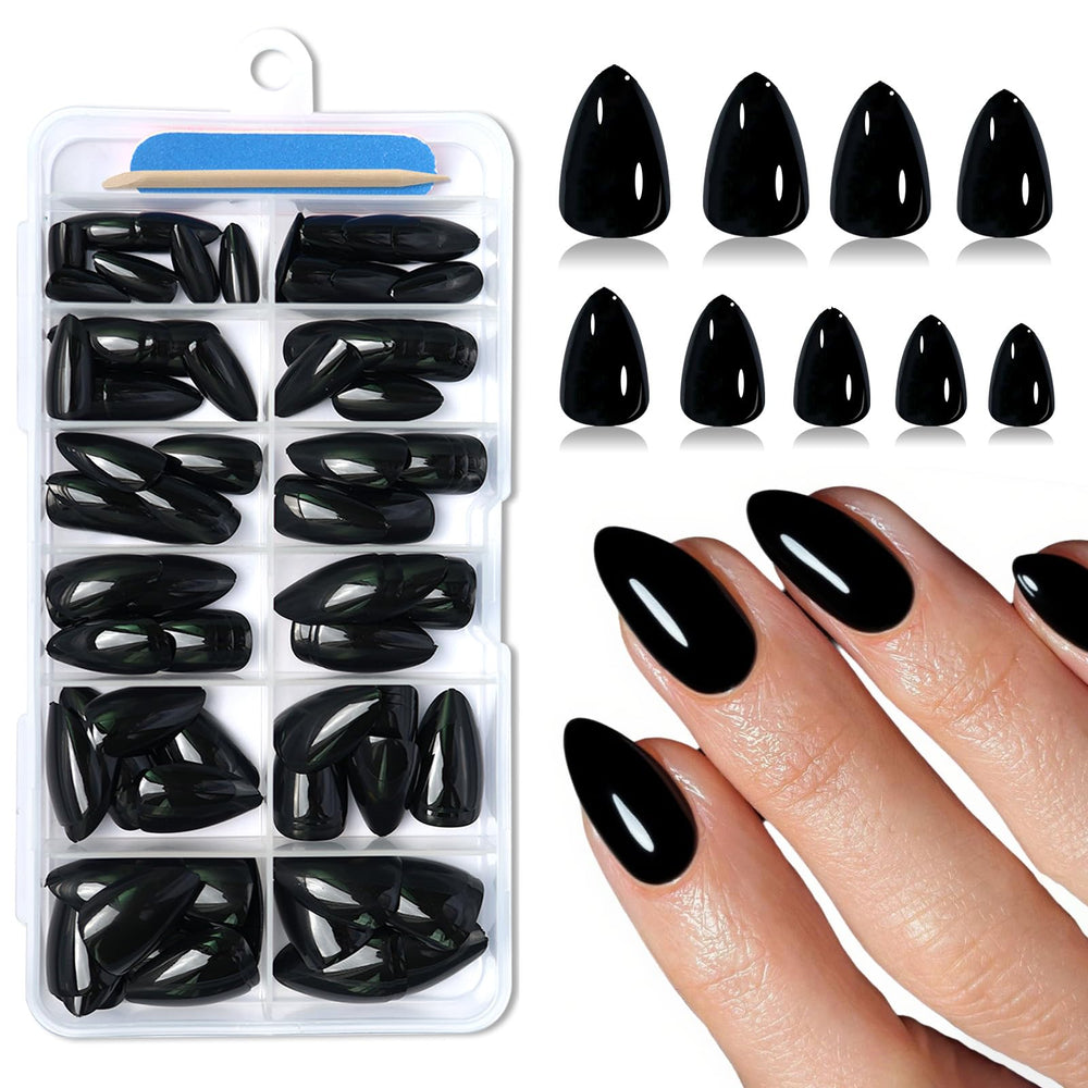 Lifextol front packaging showing 120-piece black almond press-on nails and tools for quick manicure