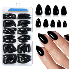 Lifextol front packaging showing 120-piece black almond press-on nails and tools for quick manicure