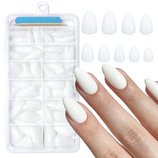 Lifextol front packaging showing 120 white almond press-on nails and accessories for convenience