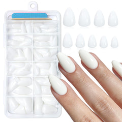 Lifextol front packaging showing 120 white almond press-on nails and accessories for convenience
