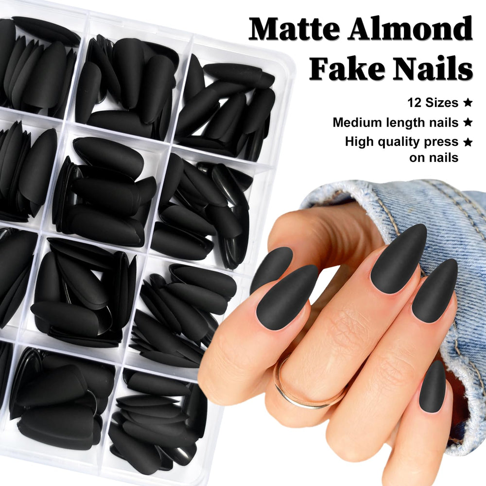 Lifextol hand model wearing black matte almond nails showcasing style