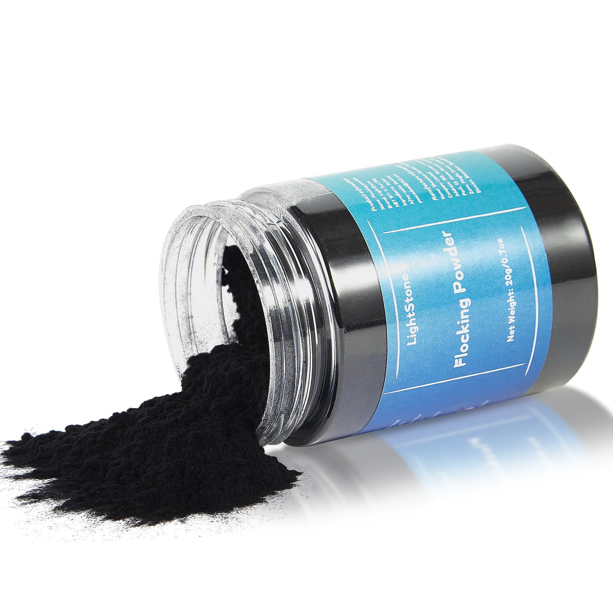 LightStone front jar view showing black flocking powder and clear label for easy identification