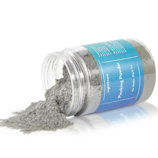 LightStone vial front view showing grey flocking powder for neat storage and quick access