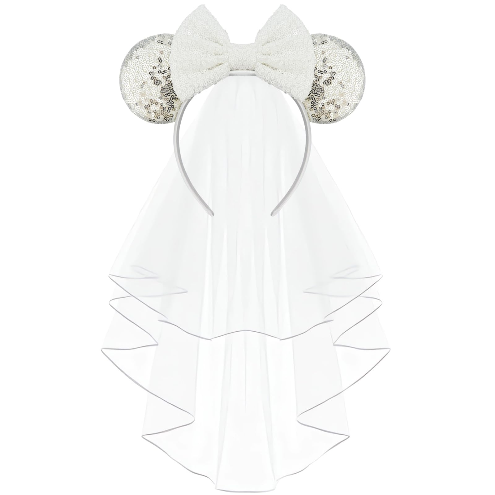 LIHELEI front view of silver mouse ear headband showing veil for instant celebration style