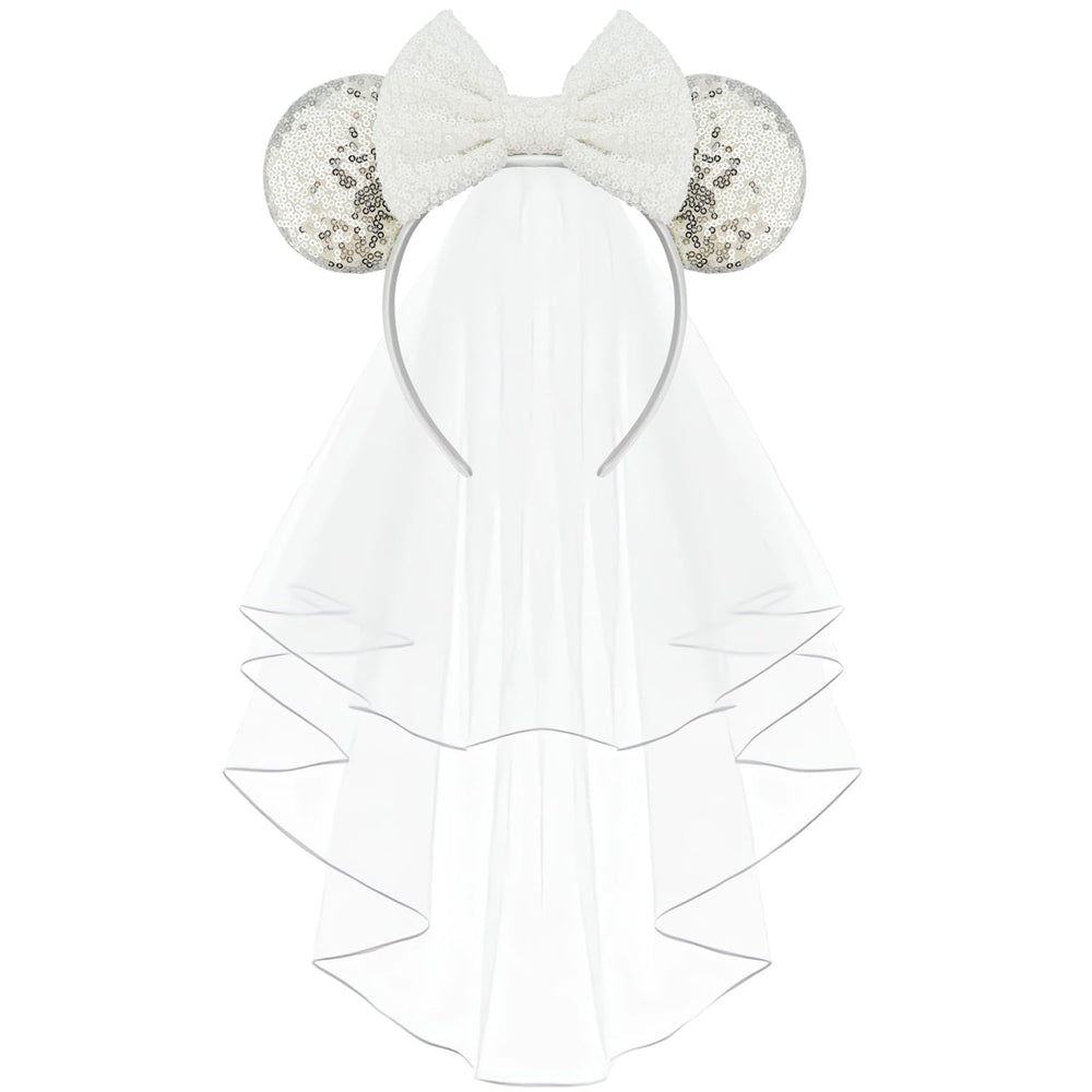 LIHELEI front view of silver mouse ear headband showing veil for instant celebration style