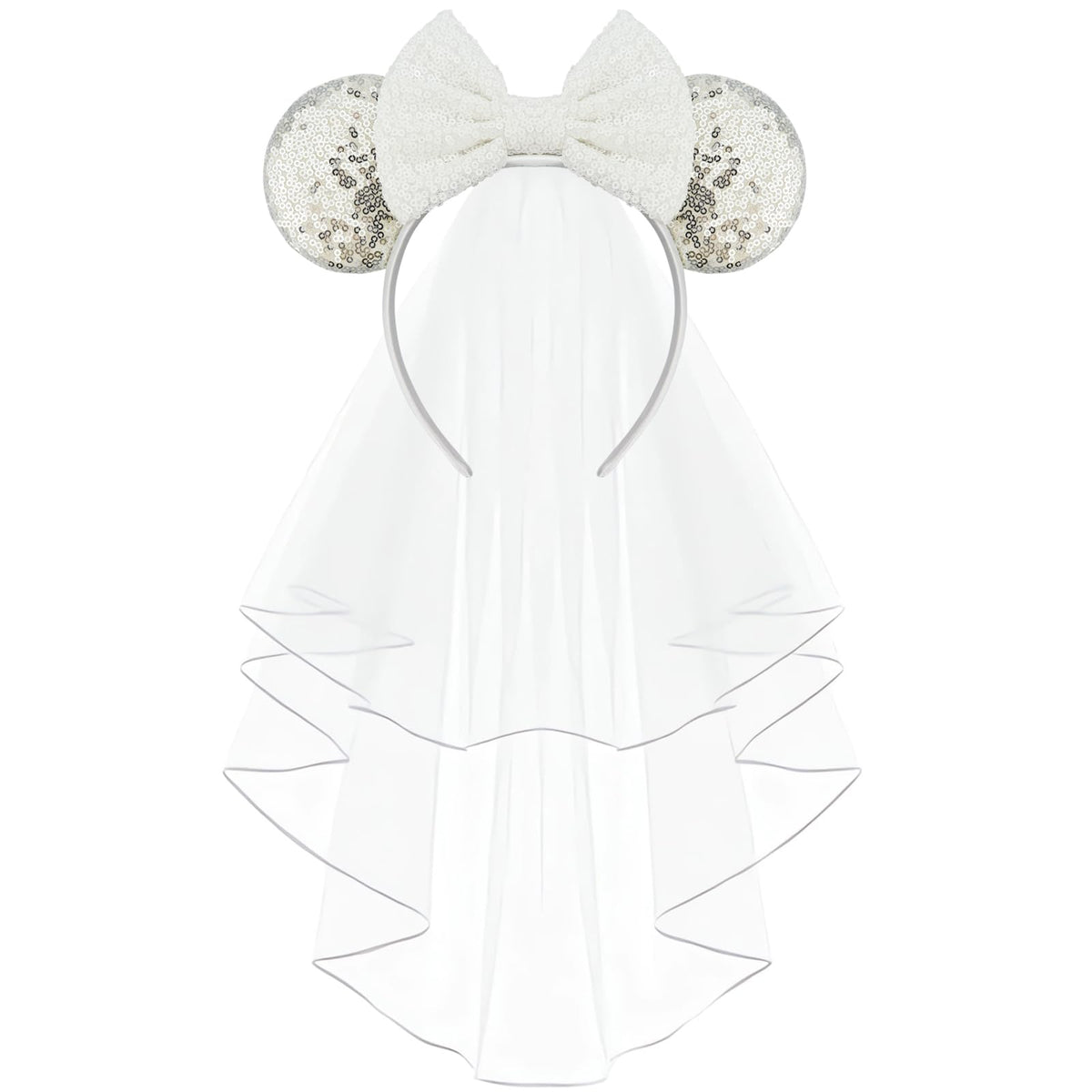 LIHELEI front view of silver mouse ear headband showing veil for instant celebration style